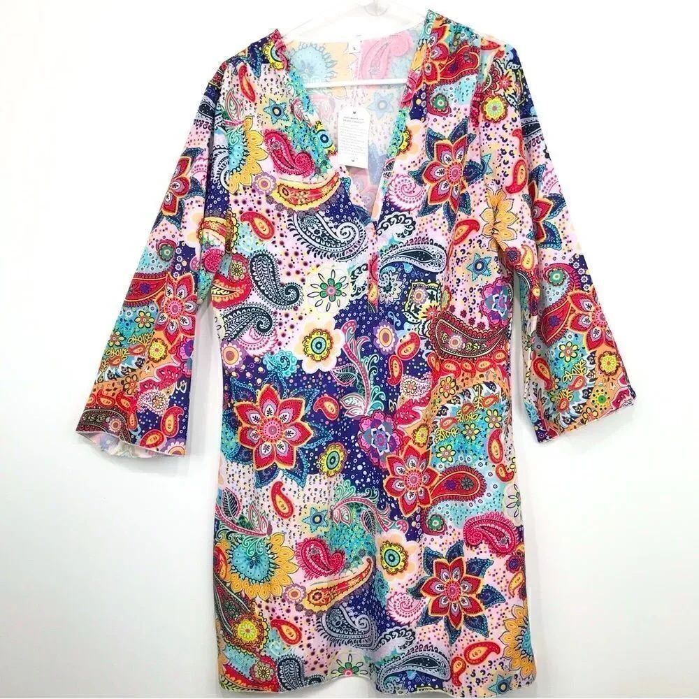 Multi colored Vibrant Paisley Print Popover Swim Cover Up Dress